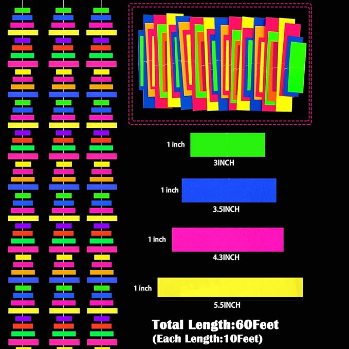 60feet Paper UV Neon Garland Neon Streamers Glow in The Dark Neon Party Supplies and Decorations Glow in The Dark Streamers Blacklight Reactive Fluorescent Black Light Party Kit for Birthday Wedding