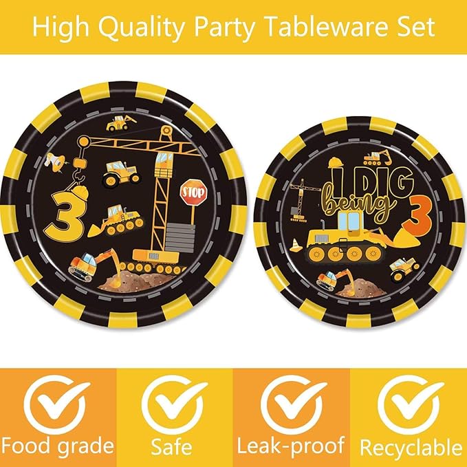 80 Pcs Construction 3rd Birthday Party Supplies Dump Truck Theme Three Decorations Tableware Includes Plates, Napkins, Forks for Boys Construction Three Years Old Birthday Party Decorations Favors