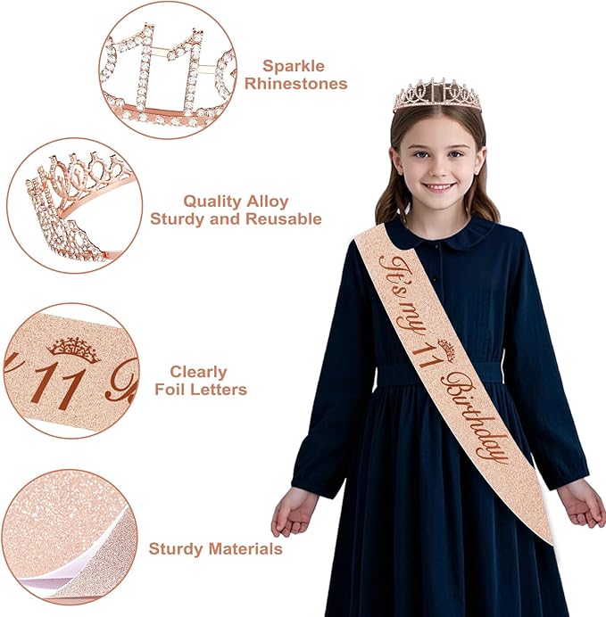 11th Birthday Decorations for Girls, 49pcs Black Rose Gold Black Banner, Tablecloth, Butterfly Decor, 11th Birthday Sash and Tiara, Cake Topper, Candles, Balloons Arch