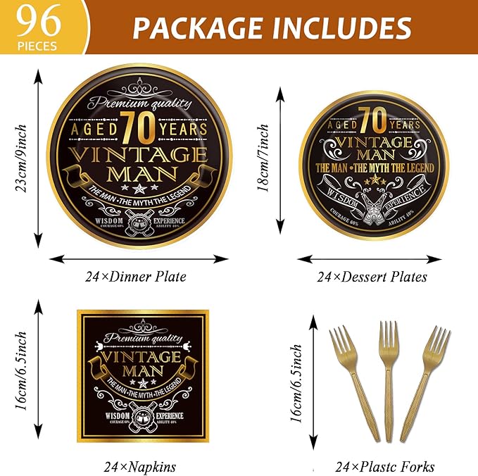 Wiooffen 96 Pcs Vintage 70th Party Tableware Set Back in 1956 70th Theme Birthday Party Table Decoration Supplies Cheers to 70 Years Paper Plate Napkin Fork 24 Guests for Men