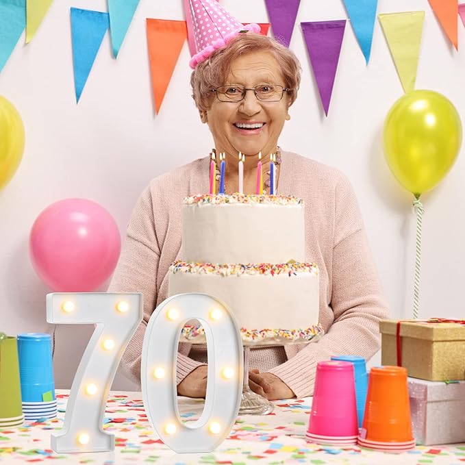 Treela 8.7'' Birthday Decorative LED Light up Numbers, Glitter Marquee Number Sign for Night Birthday Party Decorations Anniversary Bar LED Sign Backdrop Wall Table Centerpieces(70th,White)