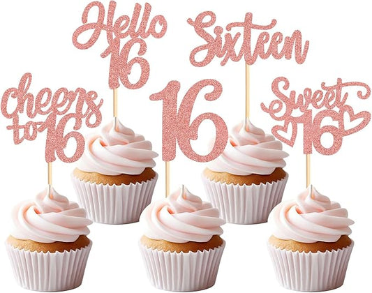 Keaziu 25 Pack 16th Birthday Cupcake Toppers Sweet Sixteen 16 Happy 16 Cupcake Picks for 16th Birthday Wedding Anniversary Party Cake Decorations Supplies