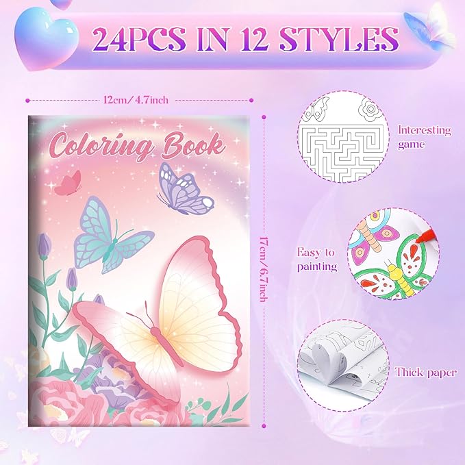 BenLouis 24 Pcs Butterfly Mini Coloring Books Kids Butterfly Theme Baby Shower Party Favors Small Activity Books Bulk for Kids Spring Fairy Birthday Goodie Bags Stuffers Return Gifts Classroom Travel