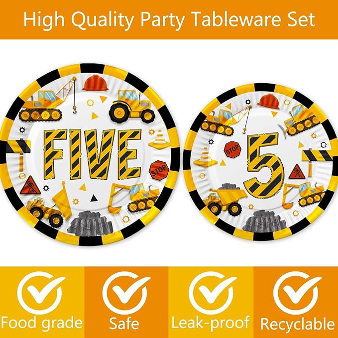 345 Pcs Construction 5th Birthday Party Supplies, Dump Truck Five Years Old Party Decorations Include Backdrop, Balloons Box, Hanging Swirls, Tablecloth, Plates, Cake Toppers, Balloons Garland Kit