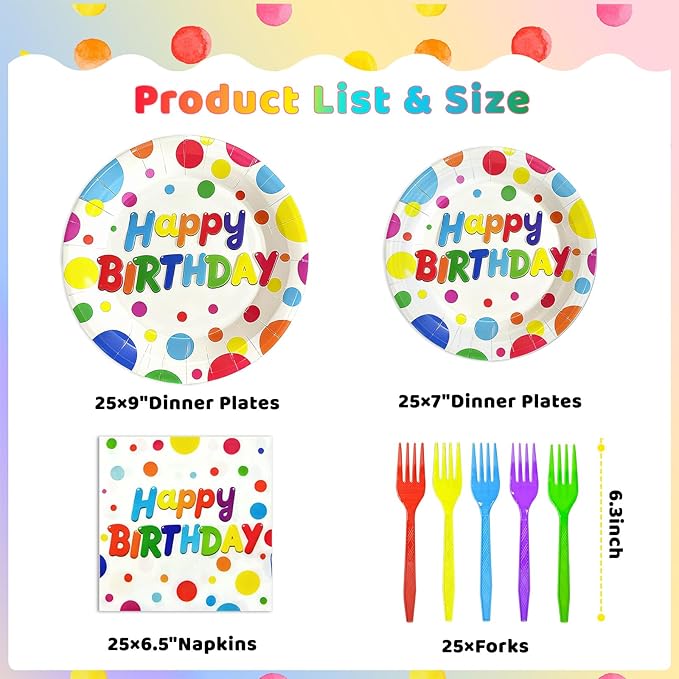 LyingMonkey 100 Pcs Birthday Colorful Dots Plates Napkins Forks, Disposable Happy Birthday Dots Tableware Set Party Supplies