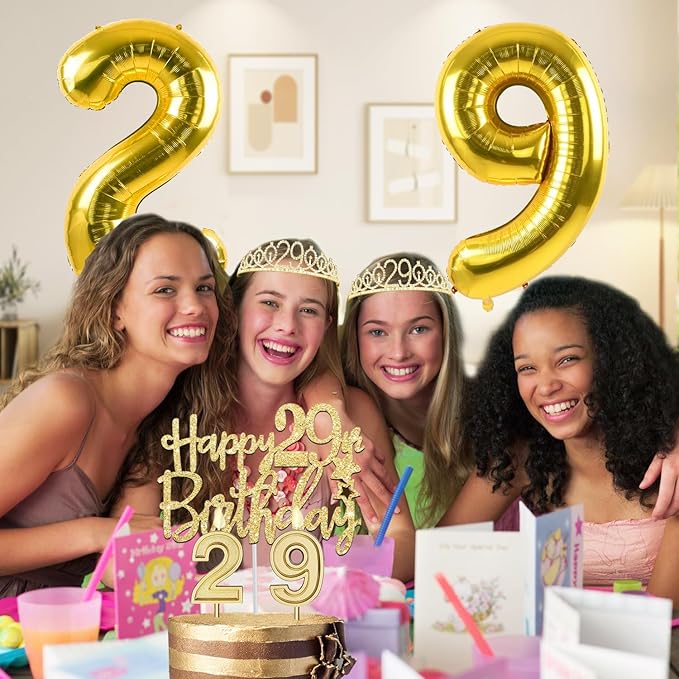 29th Birthday Decorations for Women Gold with 29th Birthday Tiara and Sash, Cake Topper and Candles, Number Balloons, 29 Year Old Gifts for Women