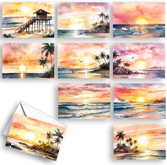 Wright Home & Gift Watercolor Beach Sunset All-Occasion Blank Note Greeting Cards | 10 Pack Assortment Bulk Variety Set + 10 Envelopes (4x6)
