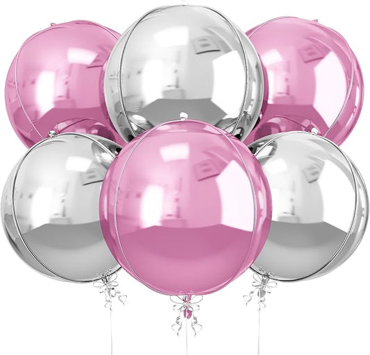 6Pcs Pink Silver Round Foil Balloons, 22inch 4D Metallic Silver Pink Balloons, Large Round Foil Ball Balloon for Girls Women Birthday Anniversary Baby Shower Wedding Party Backdrop Decorations