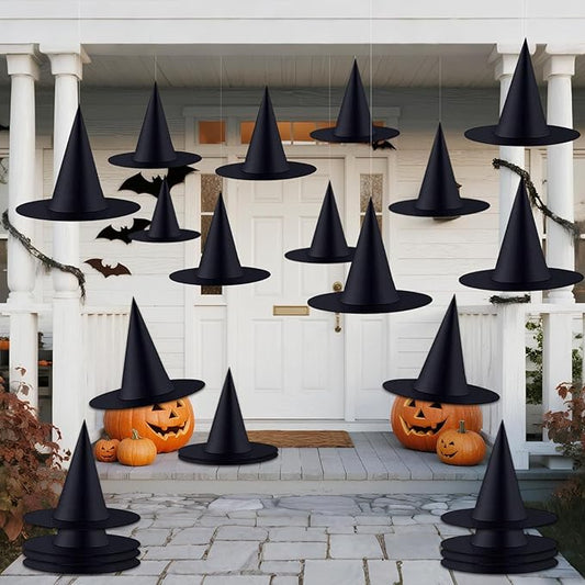 ZeeDix 24 Pcs Halloween Witch Hats Hanging Decor Indoor, Black Floating Witches Hat with 98 Ft Hanging Rope, Wizard Costume Accessories Outdoor Halloween Decorations for Home Yard Porch Ceiling