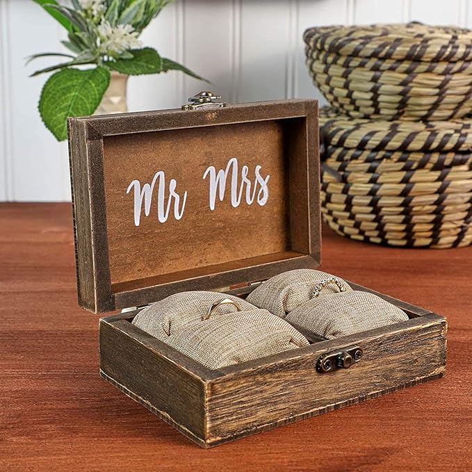 Juvale Ring Bearer Box - 6 x 4 x 2 in, Brown Rustic Wood - Wedding Ring Box for Ceremony with Burlap Pillow & Mr & Mrs Inscription