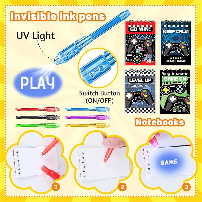 FINDRICH 120 PCS Video Game Party Favors, Gamer Gaming Party Favors - Glasses Invisible Ink Pens Notebooks Drinking Straws Stamps Tattoo Stickers Gift Bags for Game On Birthday Parties Favor Supplies