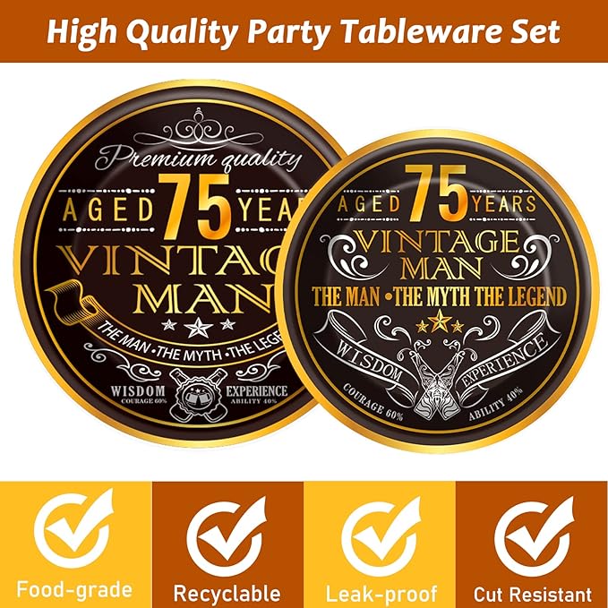 Wiooffen 96 Pcs Vintage 75th Party Tableware Set Back in 1951 75th Theme Birthday Party Table Decoration Supplies Cheers to 75 Years Paper Plate Napkin Fork 24 Guests for Men