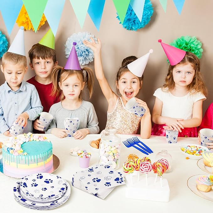 Kochorie 144 Pieces Blue Paw Print Party Tableware Sets Including Disposable Plates Napkins Cups Forks Serves 24 for Dog Puppy Theme Party Supplies