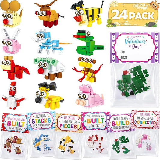 Partylamb Valentines Day Gifts for Kids - 24 Packs Animals Building Blocks Toys with Kids Valentines Day Cards for Classroom School Kid Boys Girls, Valentine Exchange Gifts Party Favors Class Prizes