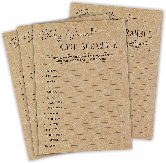 Baby Shower WORD SCRAMBLE -Baby Shower Game kit, 30 Praft Paper game cards With 1 Answer Card, Gender Reveal Games,Baby Shower Ideas Games Gender Neutral Party,Party Game & Activities- A13