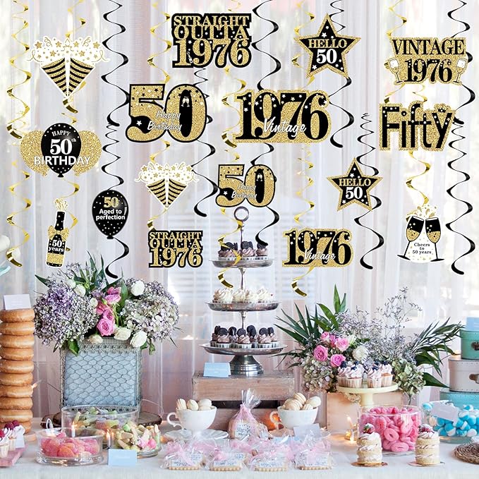 Turypaty 50th Birthday Decorations Hanging Swirls for Men Women, Black Gold Vintage 1976 50th Birthday Foil Swirls Party Supplies, Fifty Year Old Birthday Ceiling Hanging Decorations