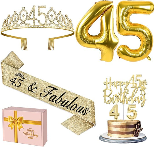 45th Birthday Decorations for Women Gold with 45th Birthday Sash and Tiara, Cake Topper and Candles, Gold Number Balloons, 45 Year Old Gifts for Women