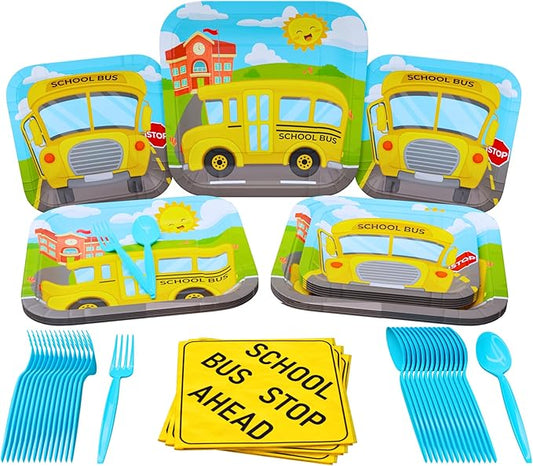 School Bus Standard Party Packs (100 Pieces for 16 Guests) - School Bus Party Supplies, School Bus Birthday Plates and Napkins, School Graduation Decorations, Transportation Party, Blue Orchards