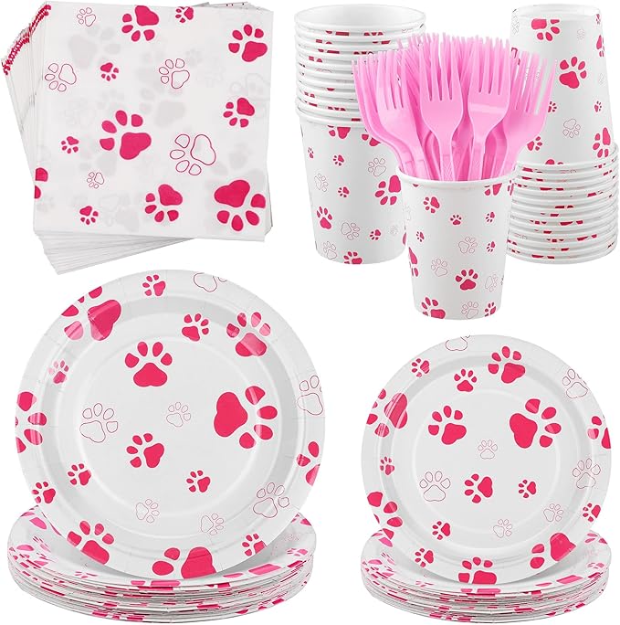 Kochorie 144 Pieces Pink Paw Print Party Tableware Sets Including Disposable Plates Napkins Cups Forks Serves 24 for Dog Puppy Theme Party Supplies