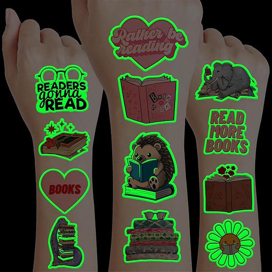 96 PCS Reading Book Library Glow In The Dark Pre-Cut Temporary Tattoos Sticker Booklish Nerd Birthday Party Decorations Favors Supplies Gifts Boys Girls Teachers Tattoo School Reward Themed Luminous
