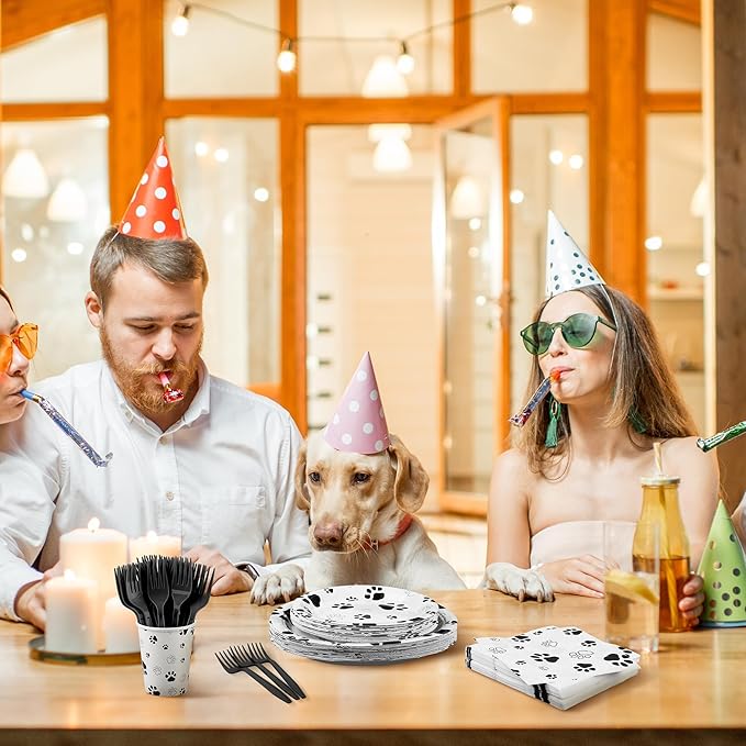 Kochorie 144 Pieces Black Paw Print Party Tableware Sets Including Disposable Plates Napkins Cups Forks Serves 24 for Dog Puppy Theme Party Supplies