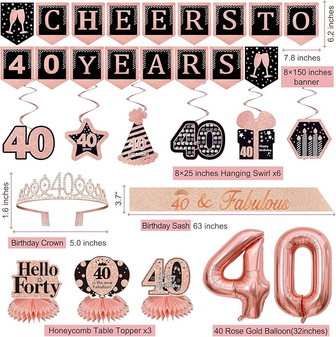 14Pcs 40th Birthday Decorations for Women with Banner, Hanging Swirls, Balloons,Crown and Sash,Table Honeycombs Centerpieces, Happy 40th Birthday Decorations