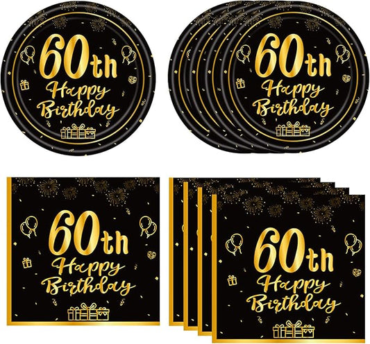 40PCS 60th Birthday Party Decorations 60th Theme Birthday Party Tableware Vintage 1965 Party Supplies 60 Year Old Birthday Party Decorations Plates Napkins Black and Gold Dinnerware Favors for Men