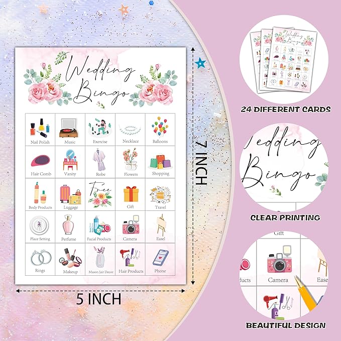 Wedding Bingo Cards, Bridal Shower Bingo Games for 24 Players, Wedding Games for Family Friends Large Group Activities, Wedding Bridal Shower Bachelorette Party Favors Supplies Decorations(22)