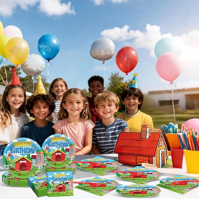 96Pcs Cute Dog Red House Birthday Party Supplies Cartoon Dog Red House Paper Plates and Napkins Puppy Theme Disposable Tableware Set for Kids Birthday Baby Shower Party Decorations Serves 24