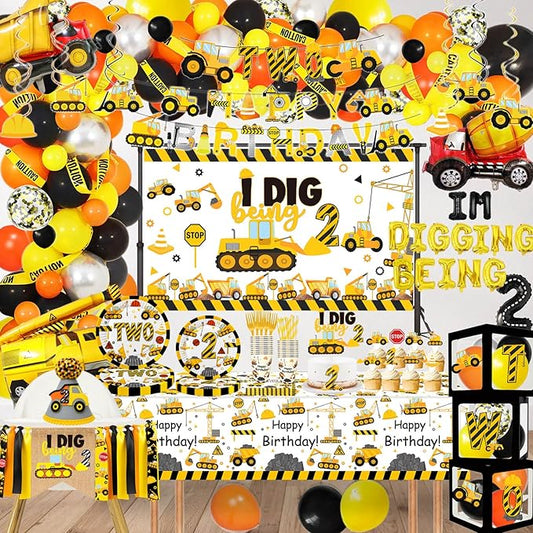 345 Pcs Construction 2nd Birthday Party Supplies, Dump Truck Two Years Old Party Decorations Include Backdrop, Balloons Box, Hanging Swirls, High Chair Banner, Hat, Tablecloth, Plates, Cake Toppers