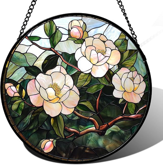 Stained Glass Suncatcher, Light Pink Flowers Green Leaf Sun Catcher Plant Stain Glass Window Hanging Decoration Mother's Day Birthday Gifts for Women Men Mom Nana 9.8 in