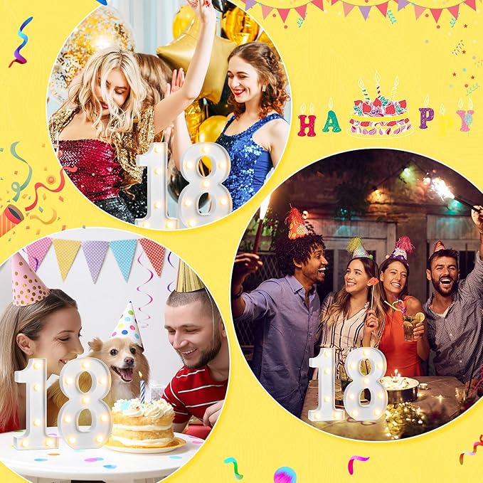 Treela 8.7'' Birthday Decorative LED Light up Numbers, Glitter Marquee Number Sign for Night Birthday Party Decorations Anniversary Bar LED Sign Backdrop Wall Table Centerpieces(18th,White)