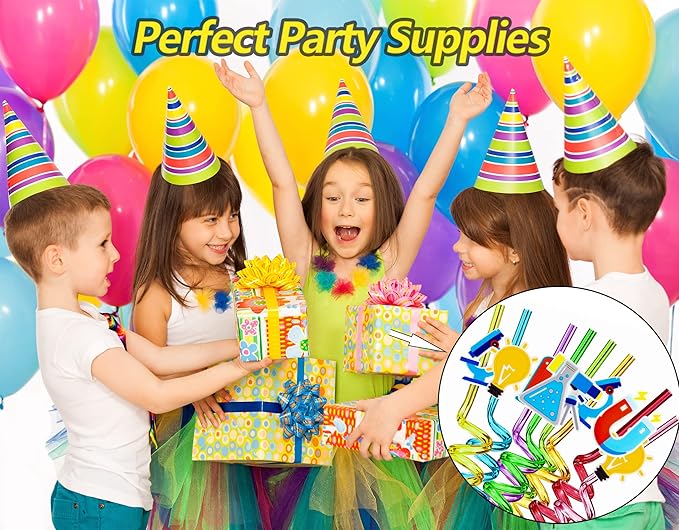 24pcs Science Theme Shaped Straws Reusable Plastic, Drink Cocktail Straws with Cartoon Decorations Mad Scientist Party Supplies Birthday Party Favors