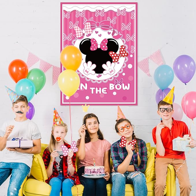 QISOLIY Pin The Bow Sticker on Mouse Party Game, Pink Girl Party Game Decorations, Pink Large Poster with 36Pcs Bow Stickers for Girls Birthday Favors