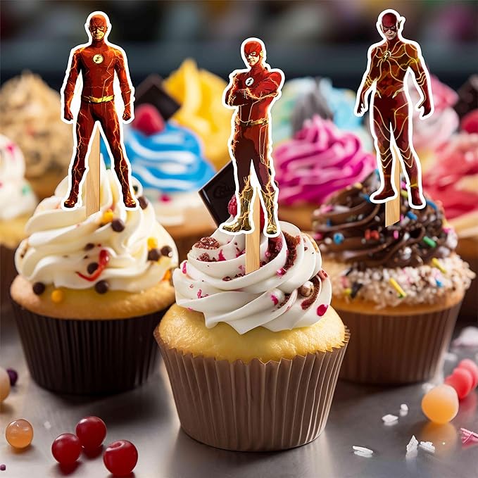 "Flsh Cupcake Topper – Superhero Theme Birthday Party Cupcake Picks for Boys and Girls – Red and Yellow Lightning Bolt Dessert Decorations for Birthday Parties, Events, and Themed Celebrations"