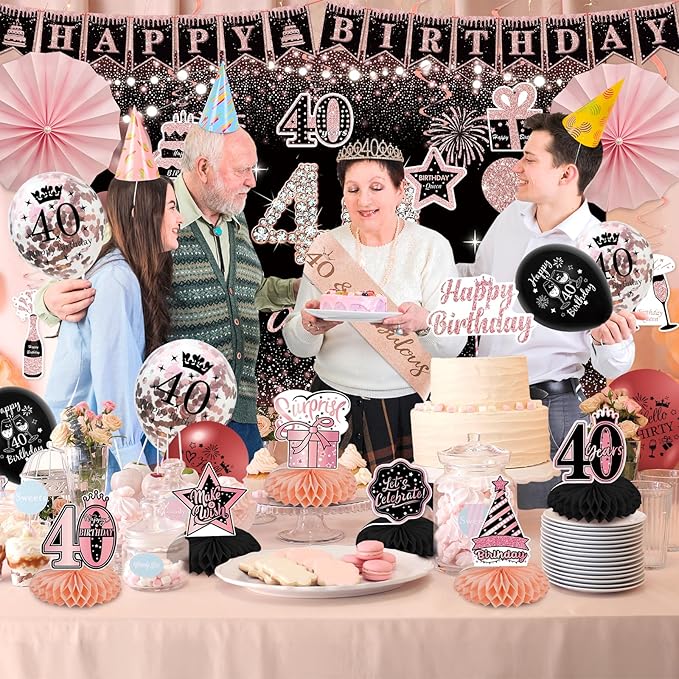 40th Birthday Decorations for Women - Rose Gold 37Pcs All-in-One Party Kit with Banner, Backdrop, Tiara, Sash, Cake Topper, Latex Balloons, Hanging Swirls, Centerpieces