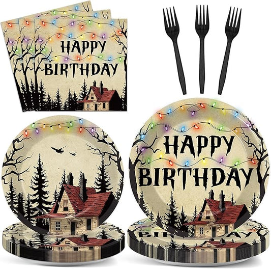 96pcs Retro Scary House Paper Plates Spooky Rustic Alphabet Tableware Sets Colorful Light Bulbs Party Decorations Forest Dinner Plates and Napkins Forks for Birthday Party Supplies Serve 24 Guests