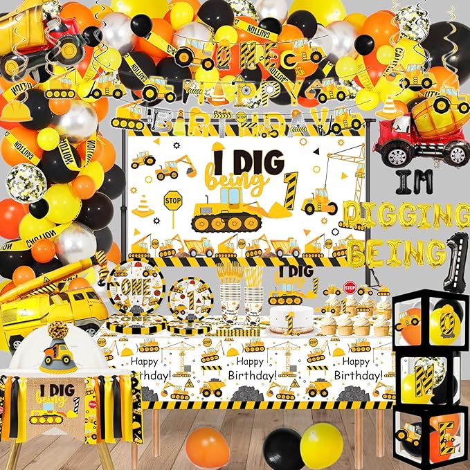 345 Pcs Construction 1st Birthday Party Supplies, Dump Truck One Year Old Party Decorations Include Backdrop, Balloons Box, Hanging Swirls, High Chair Banner, Hat, Tablecloth, Plates, Cake Toppers