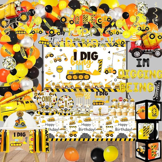 345 Pcs Construction 1st Birthday Party Supplies, Dump Truck One Year Old Party Decorations Include Backdrop, Balloons Box, Hanging Swirls, High Chair Banner, Hat, Tablecloth, Plates, Cake Toppers