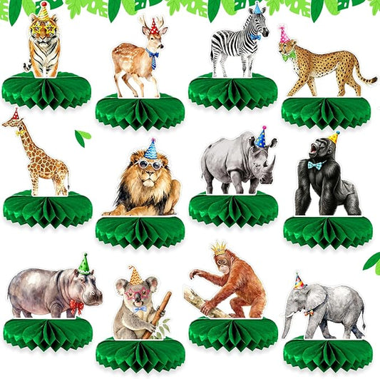 Safari Birthday Decorations 12-Pack | Animal Birthday Party Decorations Set with Honeycomb Centerpieces | Jungle Theme Party Supplies for Kids, Baby Shower, Wild One Celebration