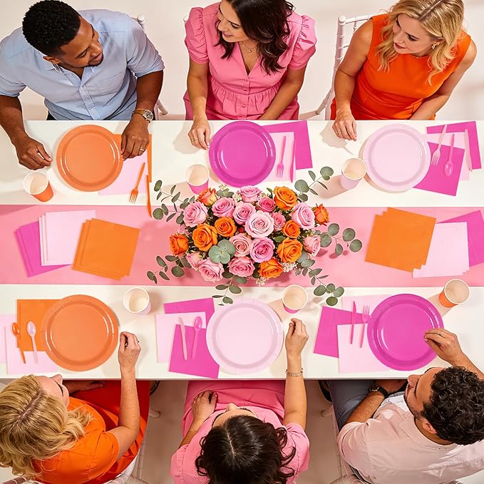 Greencian 420Pcs Pink and Orange Party Decorations Include 7" and 9" Hot Pink and Orange Paper Plates and Napkins Cups Spoons Forks Knives Complete Pack for Sunset Party Decorations Supplies