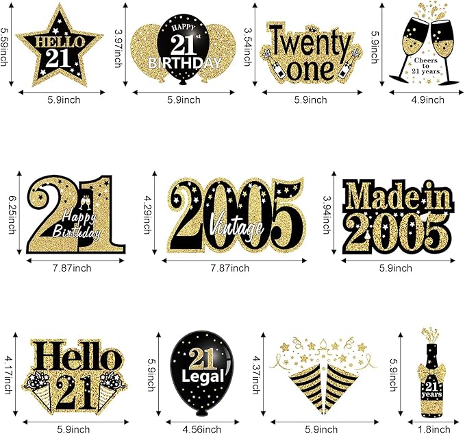 Turypaty 21st Birthday Decorations Hanging Swirls for Boys Girls, Black Gold Vintage 2005 21st Birthday Foil Swirls Party Supplies, Twenty-One Year Old Birthday Ceiling Hanging Decorations