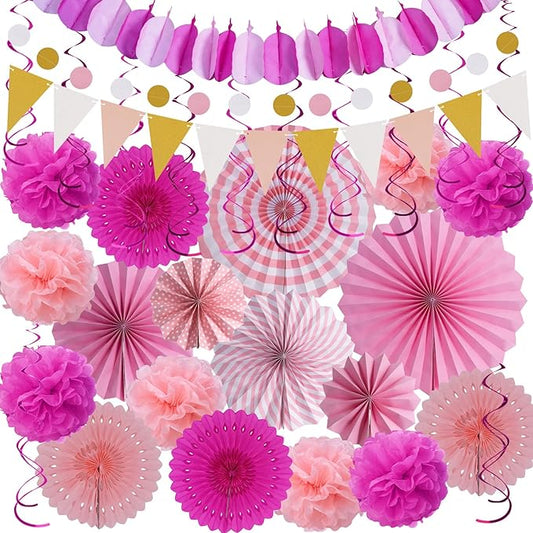 Huryfox Pink Party Decorations - 33pcs Hanging Paper Fans, Rainbow Paper Pom Poms, Fiesta Bunting and Tissue Streamers for Birthday, Festival, and Rainbow Parties
