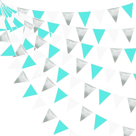 32Ft Teal Blue Silver Party Decorations Silver Aqua Green Fabric Pennant Triangle Banner Flag Streamer Garland for Under The Sea Birthday Ocean Baby Shower Summer Gender Reveal Party Decor Supplies