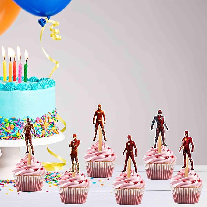 "Flsh Cupcake Topper – Superhero Theme Birthday Party Cupcake Picks for Boys and Girls – Red and Yellow Lightning Bolt Dessert Decorations for Birthday Parties, Events, and Themed Celebrations"
