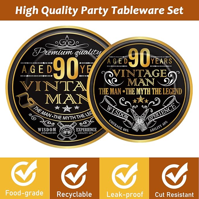 Wiooffen 96 Pcs Vintage 90th Party Tableware Set Back in 1936 90th Theme Birthday Party Table Decoration Supplies Cheers to 90 Years Paper Plate Napkin Fork 24 Guests for Men
