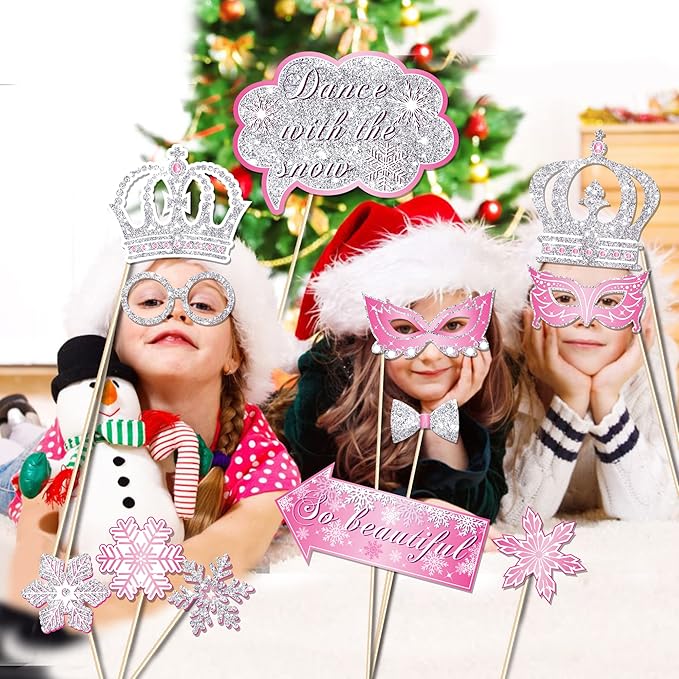 25 PCS Pink Snowflake Photo Booth Props, Fun Decoration Props, Winter Theme Suitable for Christmas, Birthdays, and All Occasions