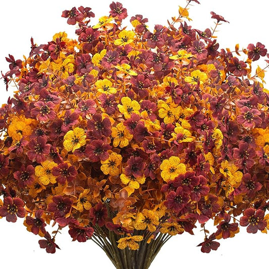 Grunyia 16 Bundles Artificial Fall Mums with Eucalyptus, Faux Daisy UV Resistant Outdoor Decor - Autumn Orange Flowers for Front Door Porch Planter, Patio, Thanksgiving Christmas (Fall Yellow&Red)