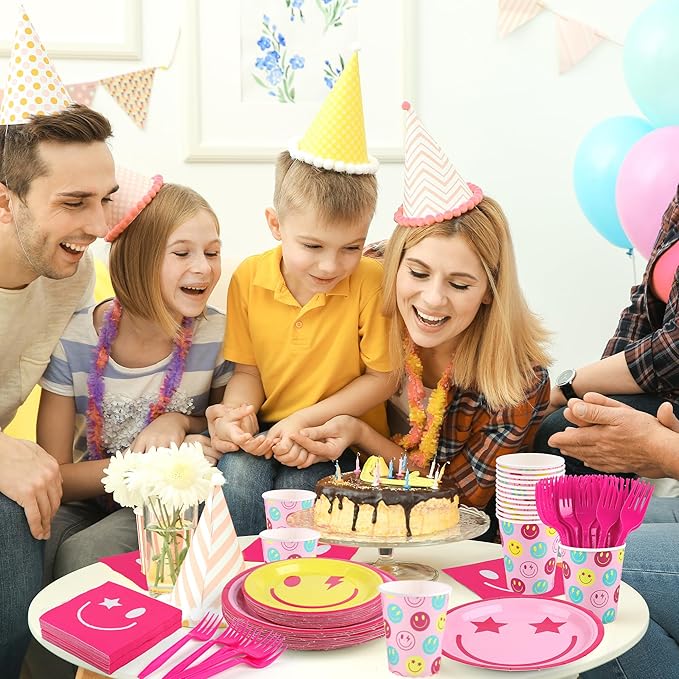 Kochorie 144 Pieces Preppy Smile Party Tableware Sets Including Disposable Plates Napkins Cups Forks Serves 24 for Smile Face Party Birthday Baby Shower Decor Party Supplies