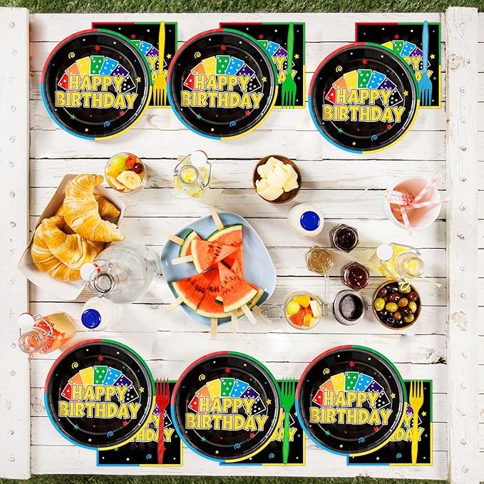 96Pcs Card Themed Birthday Party Plates and Napkins Card Game Decor Colorful Gaming Night Paper Disposable Dessert Cake Plates Gaming Themed Tableware Set for Adults Baby Shower Sleepover 24 Guests
